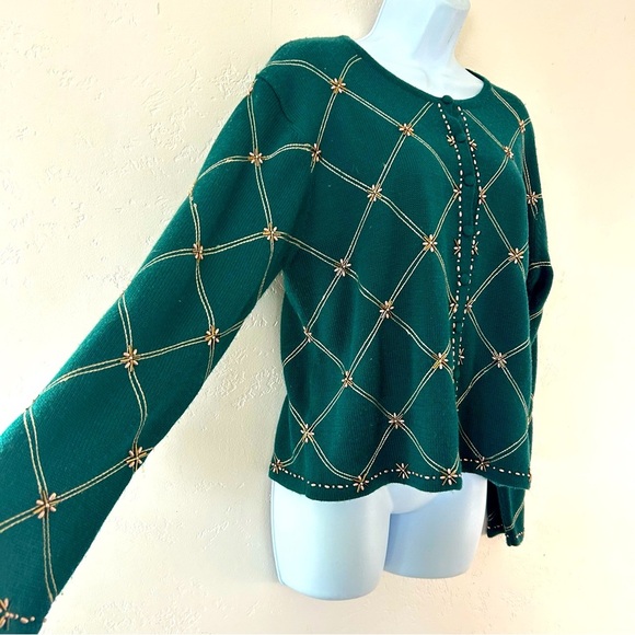 SUSAN BRISTOL Vintage Hand Beaded Embroidered Windowpane Grid Cardigan Sweater L - Picture 4 of 11